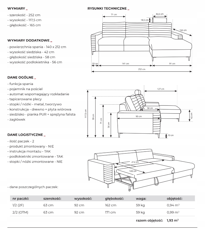 Narożnik KOKO 252/165cm Rudy różne kolory LS Kolekcja koko