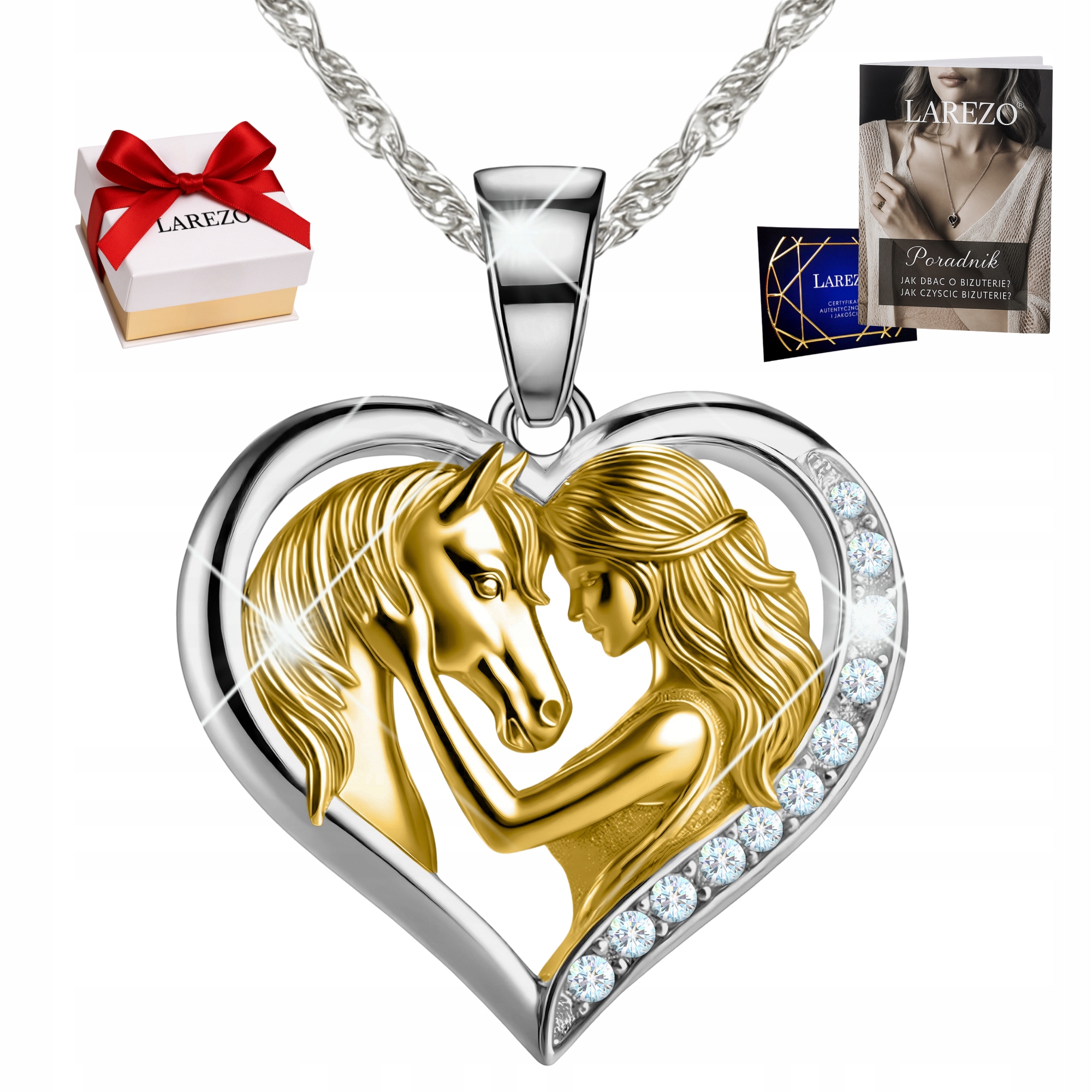 Stříbrný Náhrdelník Srdce Holčička s Koněm Zlatý Kůň Zirkony Stříbro 925