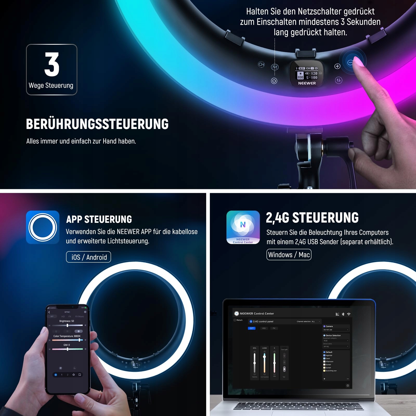 NEEWER 19" LAMPA PIERSCIENIOWA RGB LED Ring Light Uchwyt do Telefonu — miniatura 2