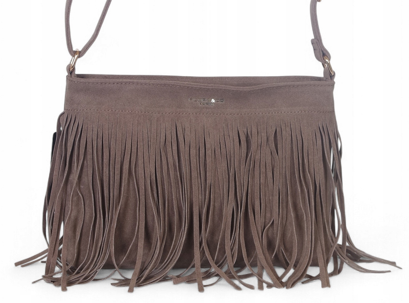 Flora&Co Paris Zamszowa torebka listonoszka z frędzlami Długi pasek Taupe