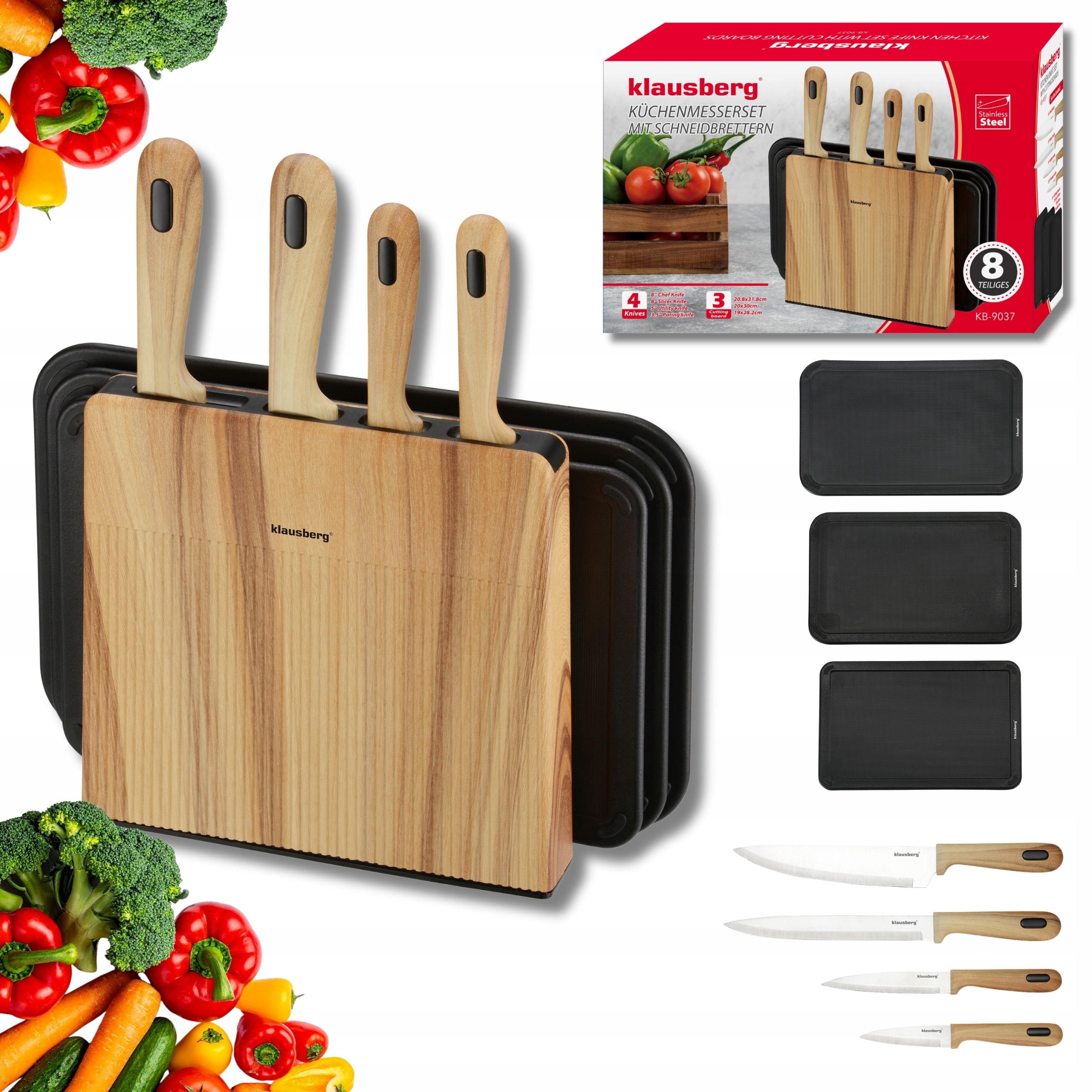 Sada 8 nožů Klausberg KB-9037 4 Nože 3 desky Stojan Kitchen Set Komplet