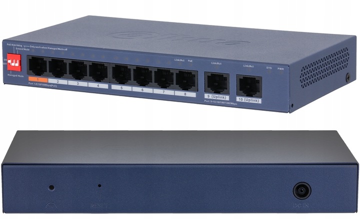 Switch Dahua CS4010-8ET2GT-60 10/100 Mb/s, 8x PoE, 2x Uplink, 60W, Watchdog, Vlan