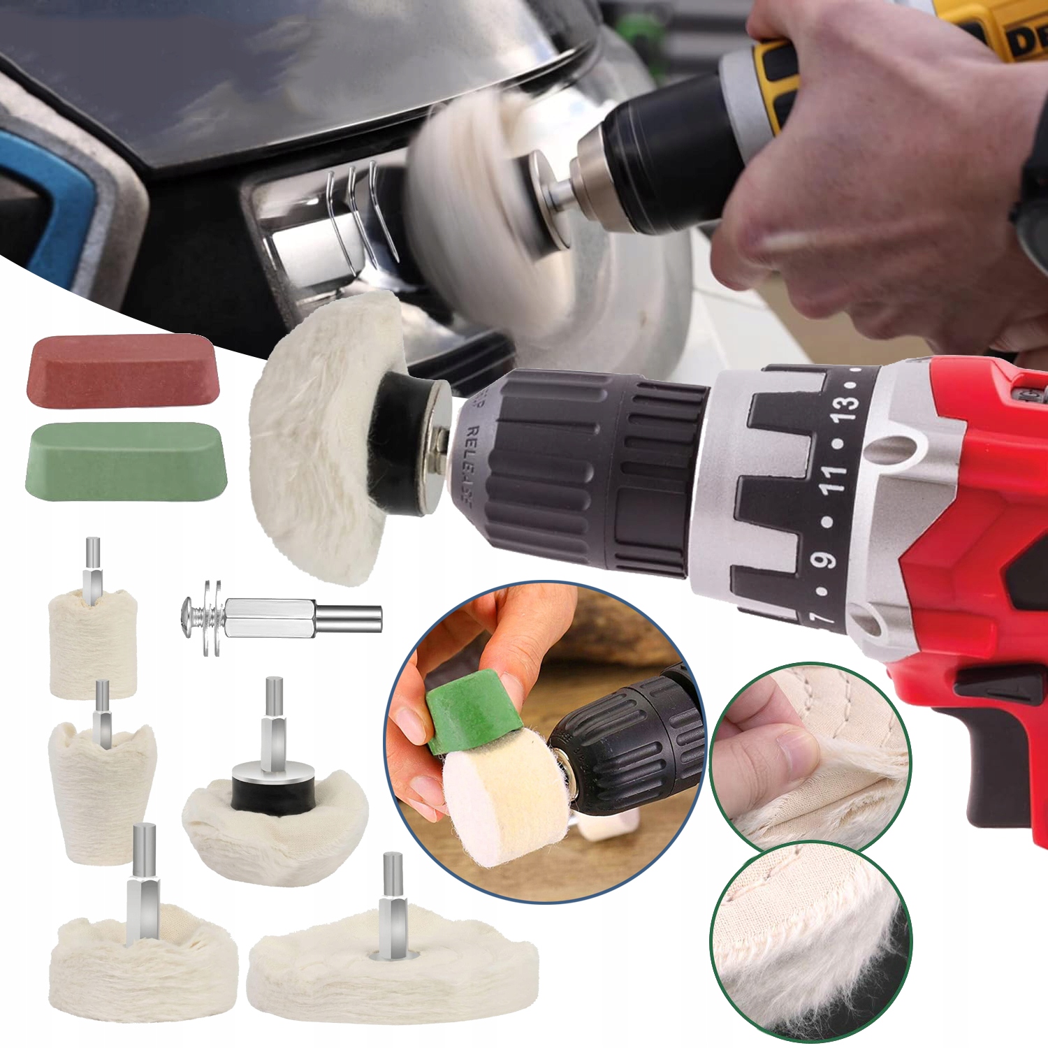 TARCZA POLERSKA DO WIERTARKI DO METALU Z 2 PASTA POLERSKA, DO ALUMINIUM