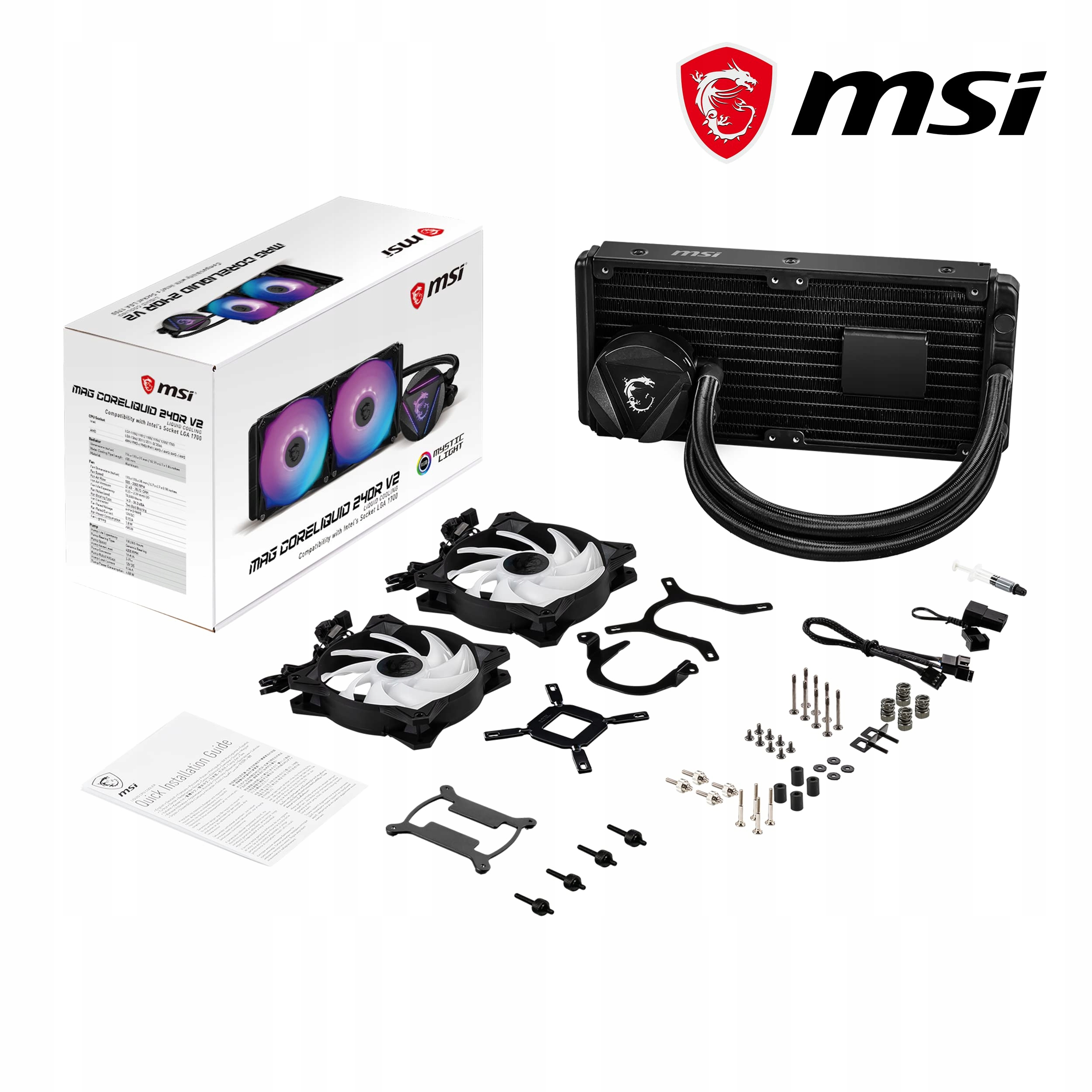 Chłodzenie Wodne MSI MAG Core Liquid 240R V2 2x120mm AIO ARGB CPU Cooler Typ podstawki AM4 AM2 AM3 FM1 FM2 LGA1150 LGA1155 LGA1156 LGA1200 LGA1366 LGA1700 LGA2011