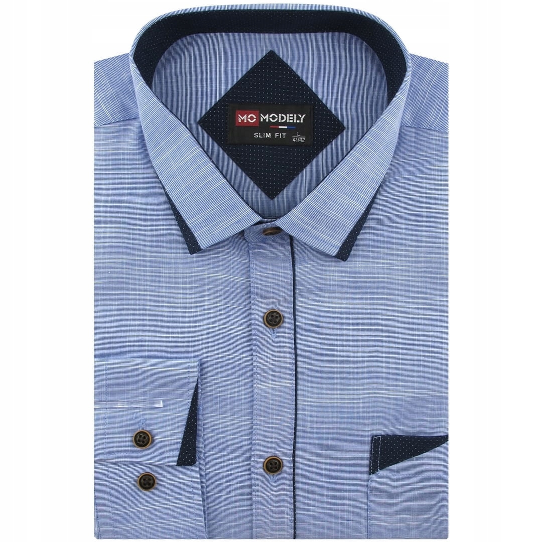 Lniana Koszula Męska Codzienna Casual niebieska z lamówką Slim Fit J439
