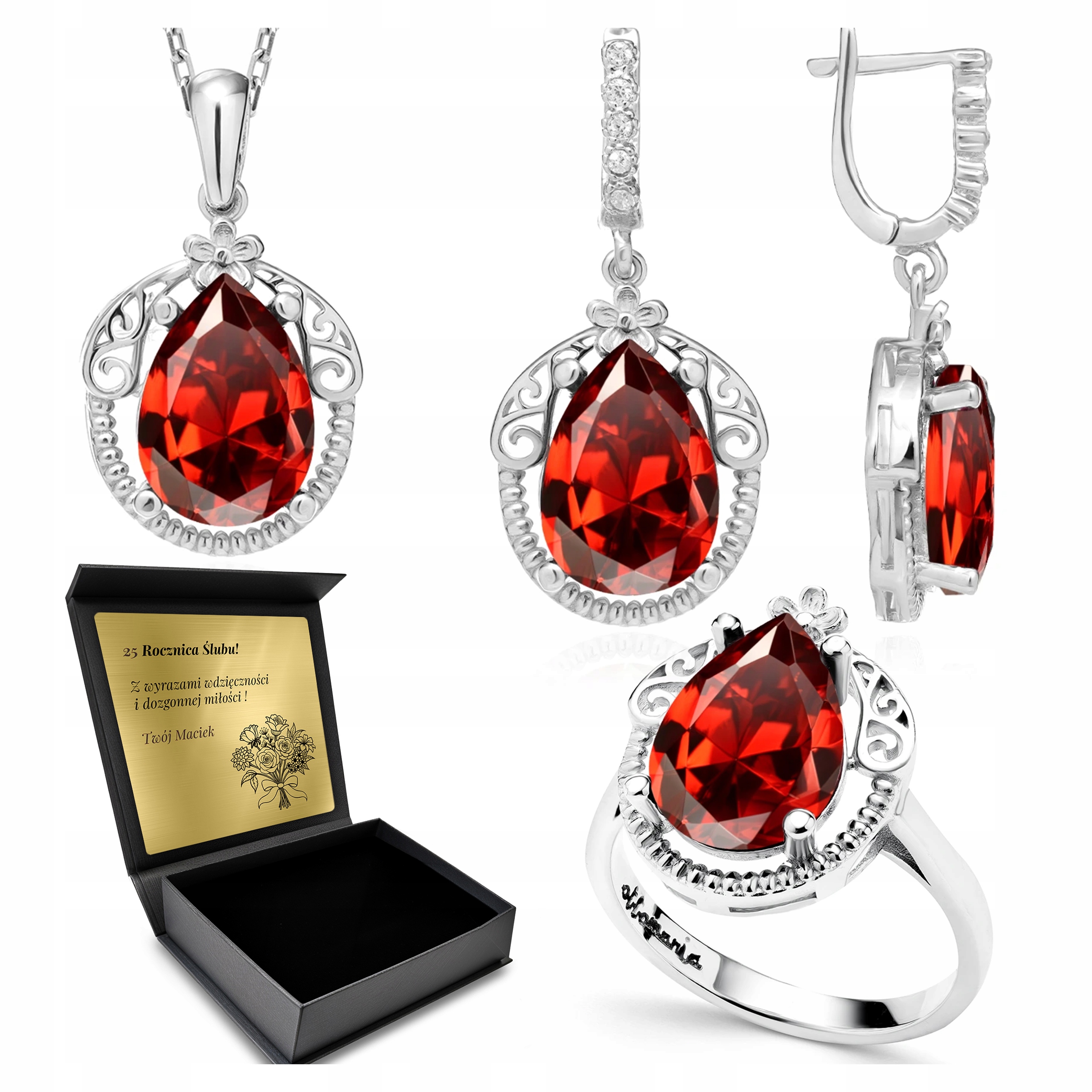 Sada Stříbrných Šperků 925 Zirkony Granátová Sada Pro Ženu Gravírování
