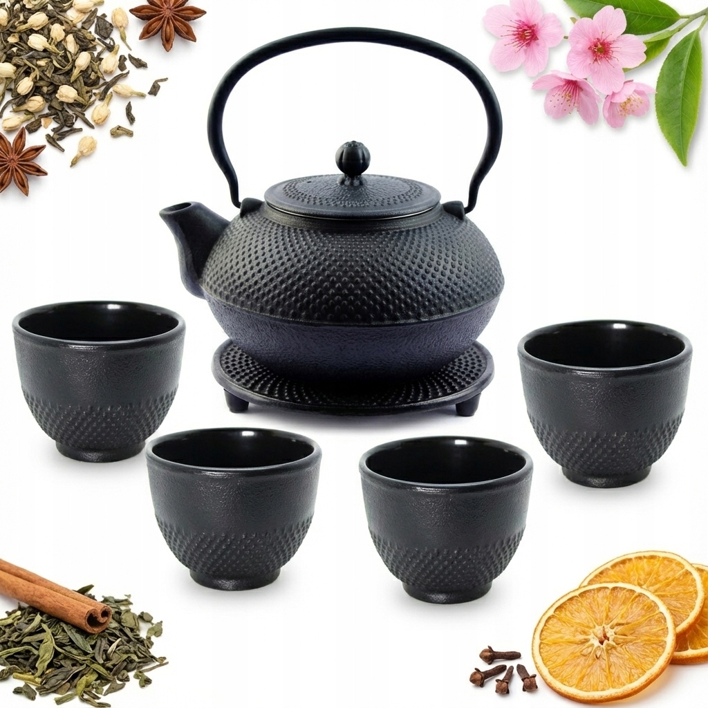Kanvica Čajník Liatinová 1,5L Sada 6 Ks Čierna Na Čaj Ø 18 CM