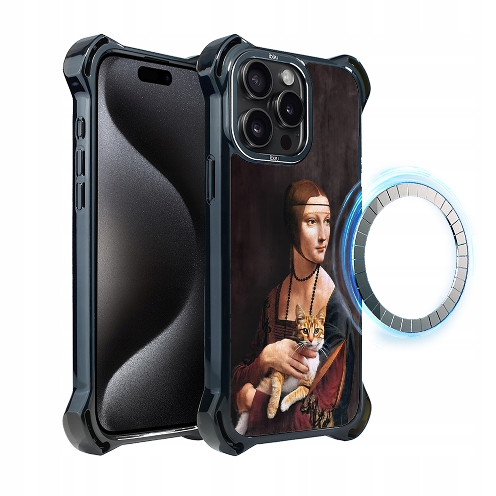 Pouzdro Ibizu DropGuard Ultra s MagSafe pro iPhone 15 Pro, dáma s kočkou