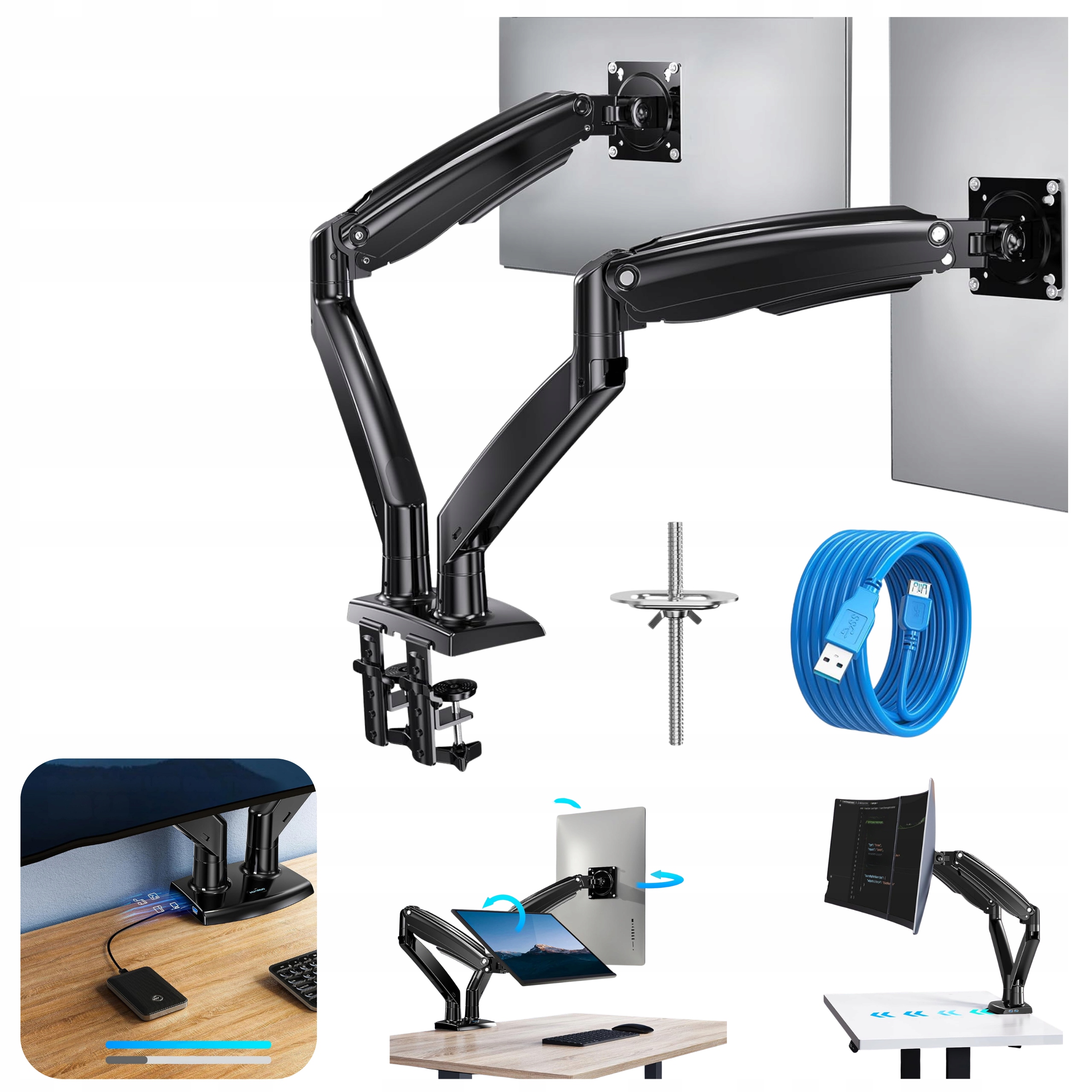 Držák pro 2 monitory 15–35“ Plynové rameno Regulace 360 port Usb 3.0 až 12 kg