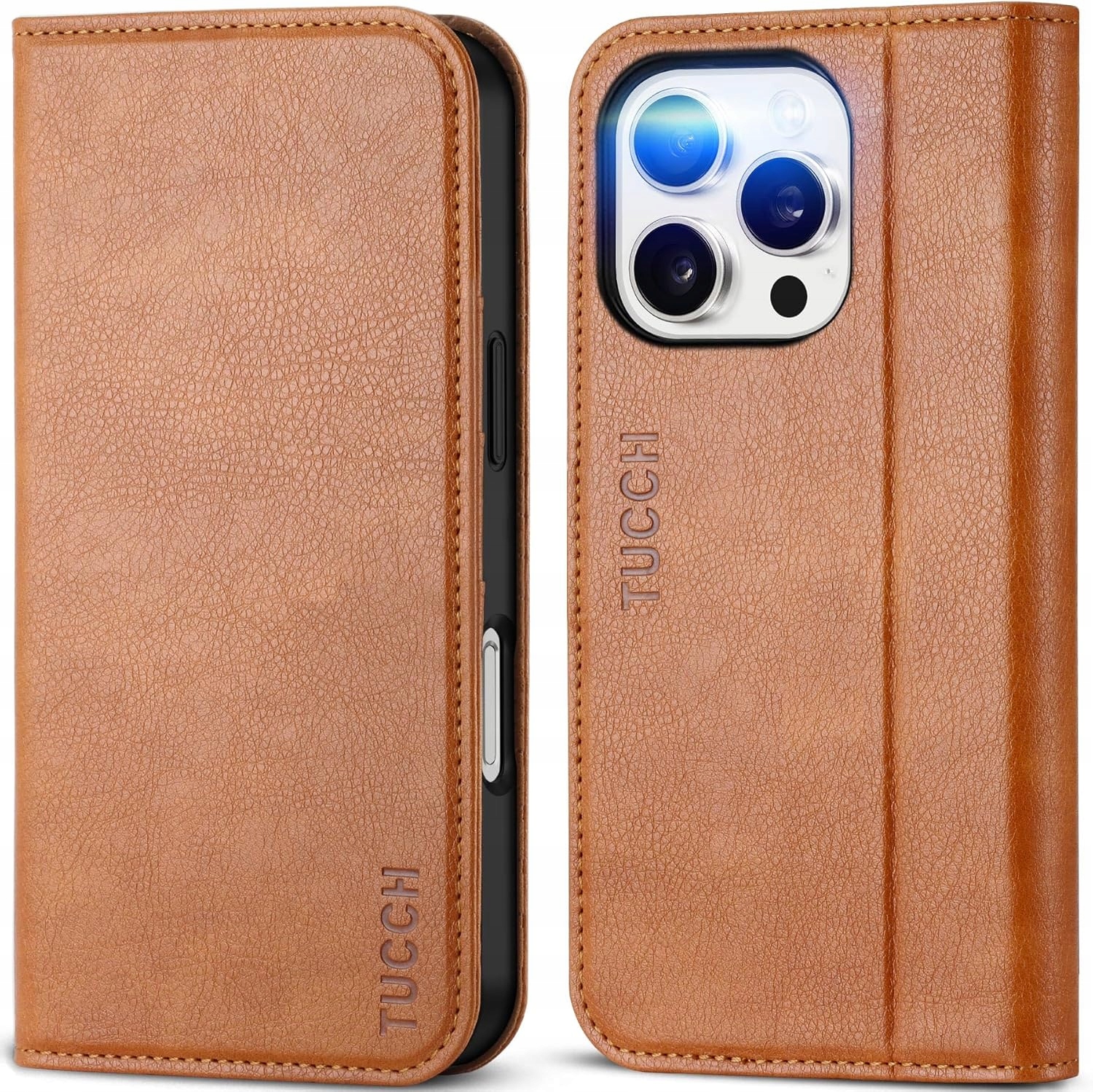 Tucch etui skórzane do iPhone 16 Pro Portfel Rfid stojak brązowe z klapką