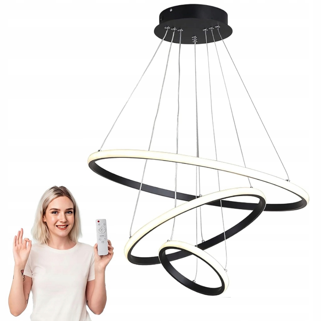 Lampa Sufitowa Wisząca Żyrandol Led Czarny Z Pilotem 3 Do Salonu