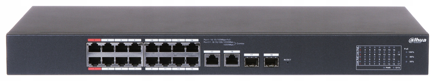 Switch Poe 16x PoE 2xHi-PoE 14xPoE 802.3af/at CS4218-16ET-135 Dahua