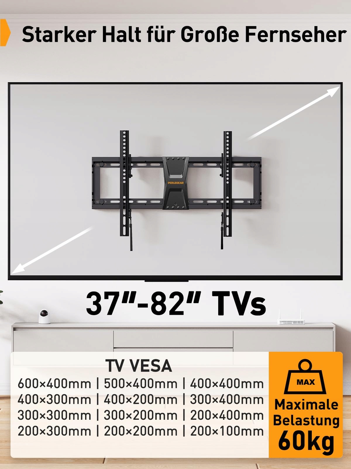 PERLEGEAR Uchwyt TV 37-82 Cal Neigany Max 60kg VESA 600x400mm — miniatura 2