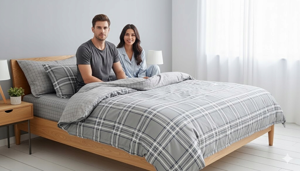 3dílná sada kostkovaných šedých povlečení na peřinu ze 100% bavlny do moderní ložnice 160×200 cm