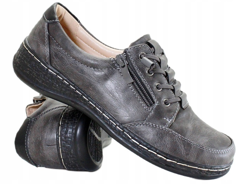 Damskie Półbuty Buty Sportowe Na Zamek Wkładka Skóra Szare Popielate 37