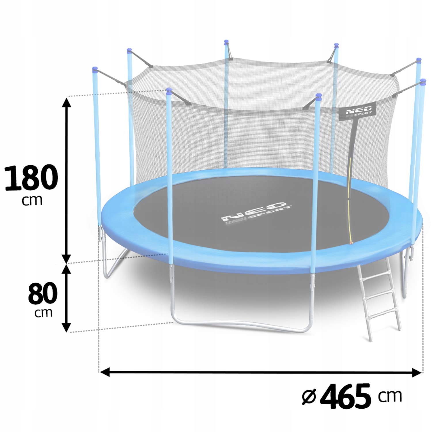 TRAMPOLINA OGRODOWA 15FT/465CM Z SIATKĄ WEWNĘTRZNĄ I DRABINKĄ NEO-SPORT Wysokość całkowita 250 cm