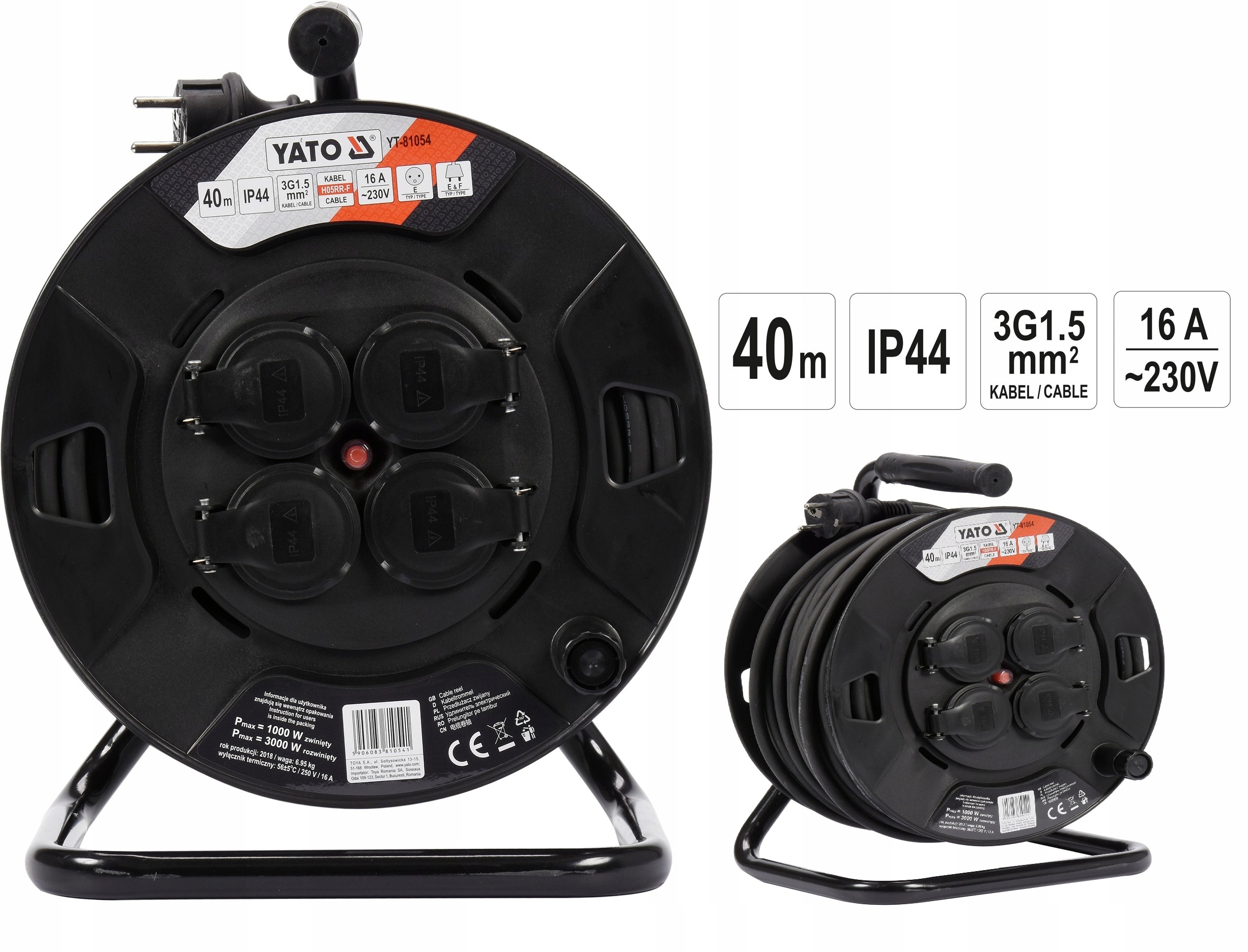 Predlžovací Kábel Bubnový IP44 3x1,5 mm 40M Yato YT-81054