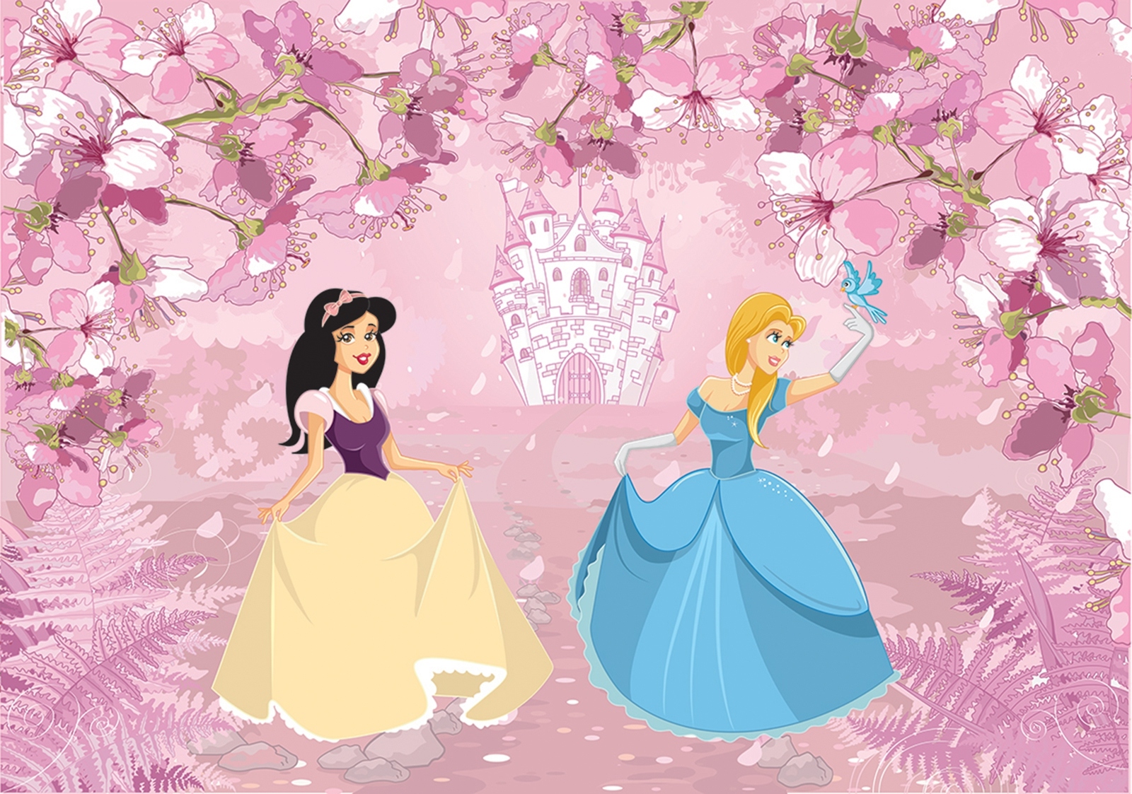 Vliesová fototapeta Princezná zámok a ružová sakura 300x210 lepidlo