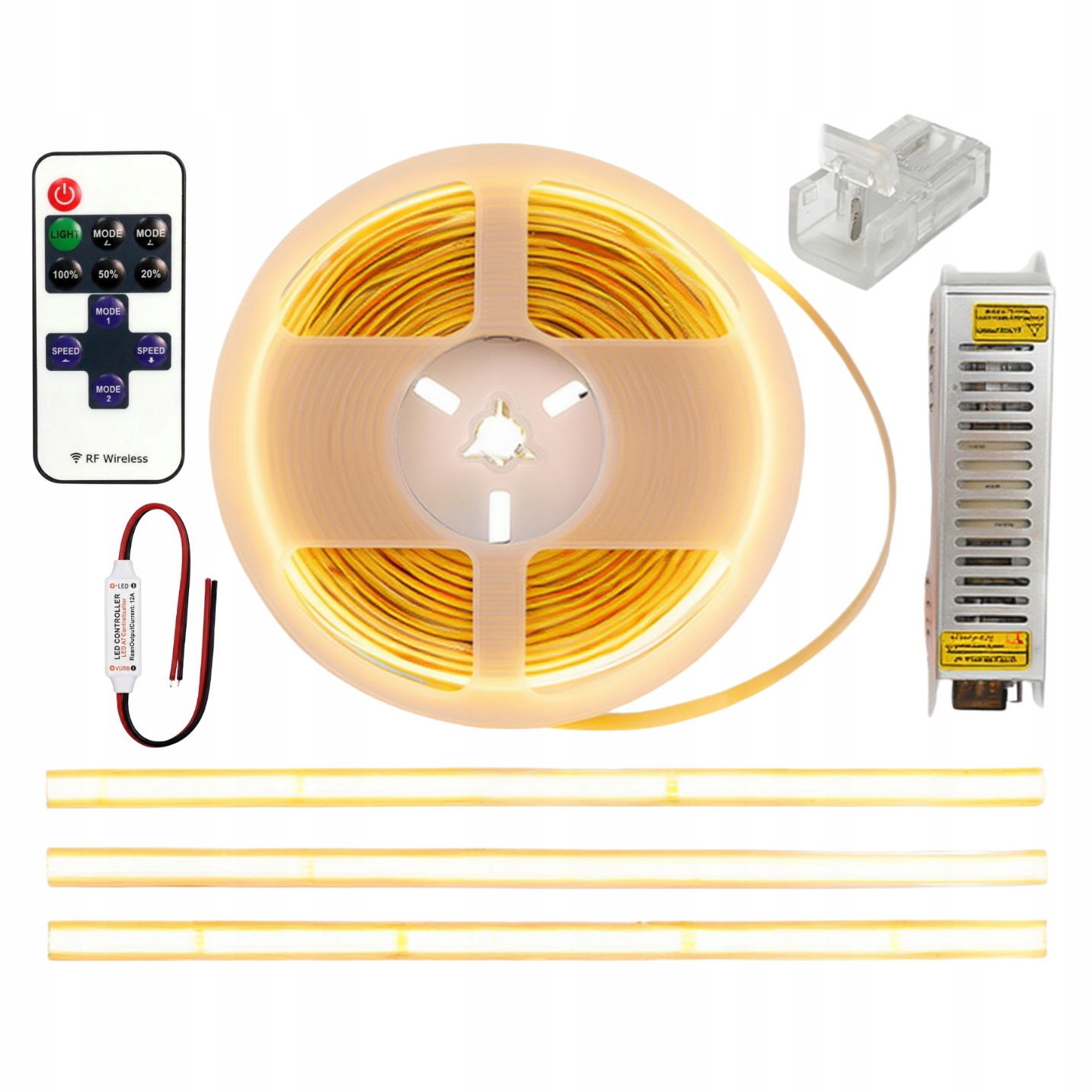 Led pásek Cob 5 m 24V 3000K Bílá Teplá Silná barva Napájecí zdroj Dálkový Ovladač Sada