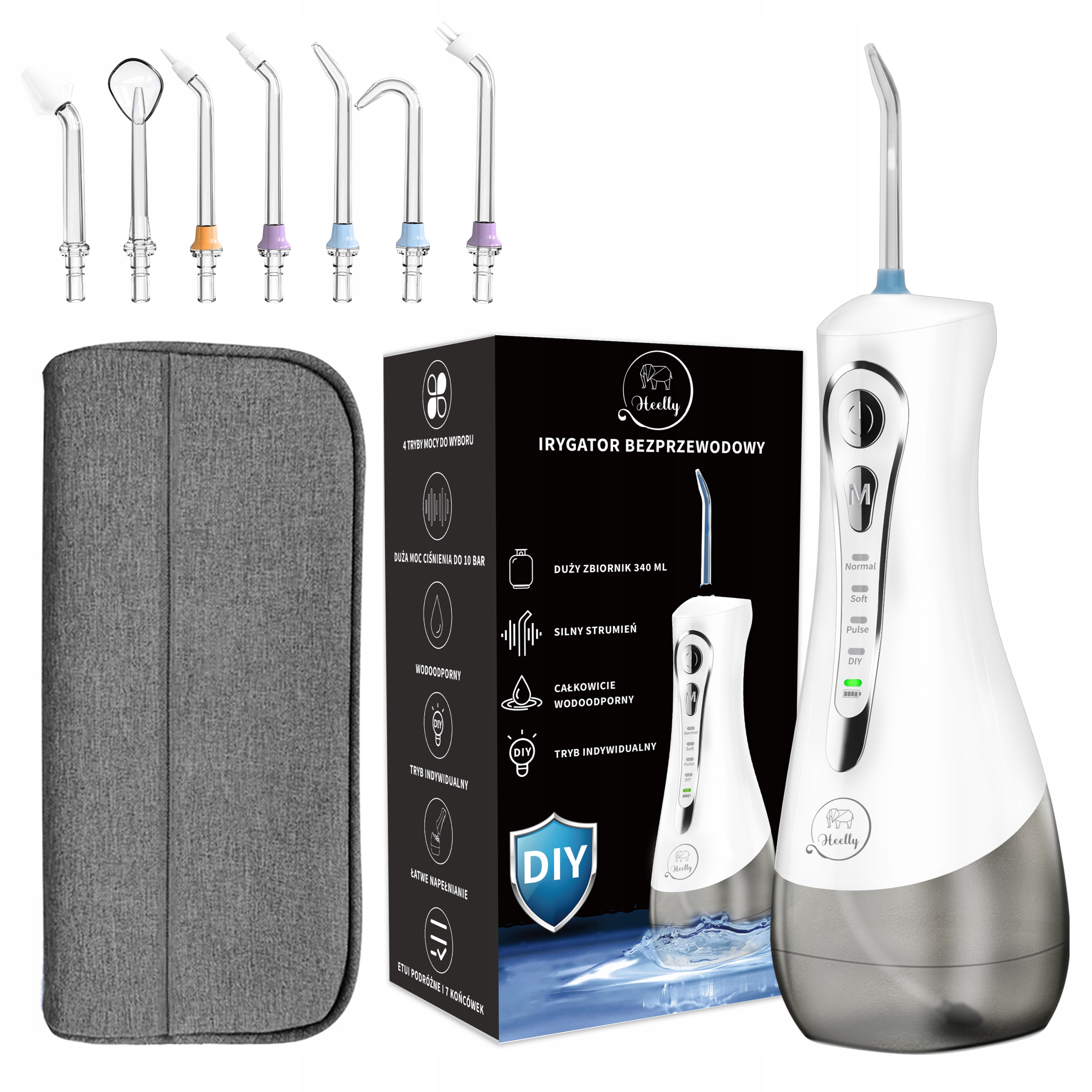 Irygator Do Zębów Bezprzewodowy Dentystyczny 7 Dysz 340ML Mocny Etui Heelly