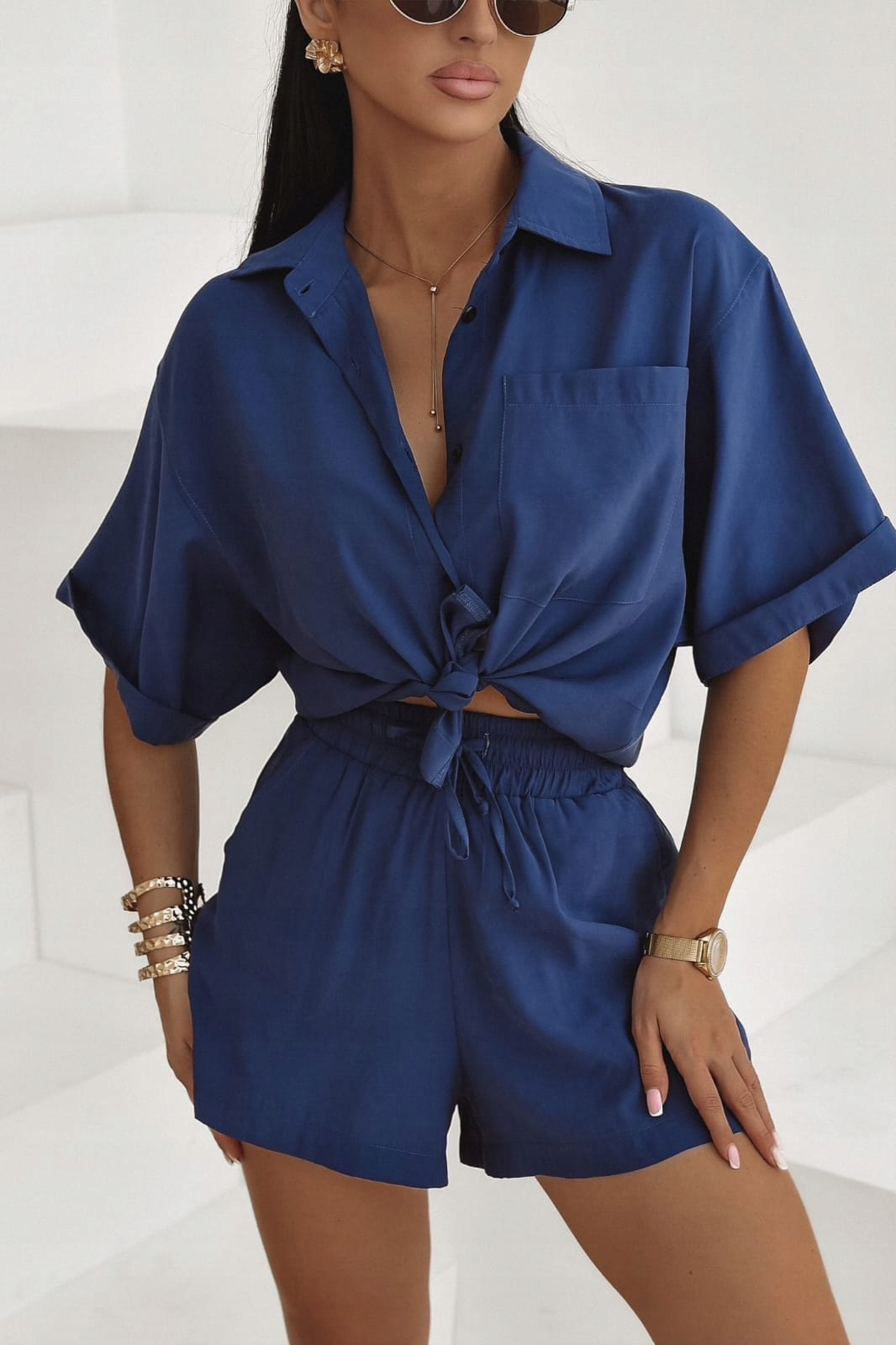 Dámský letní viskózový komplet Košile a šortky Modré vel. 36