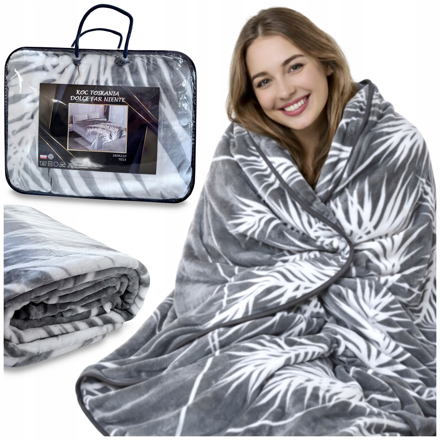 Koc Akrylowy 160x210 Toskania Szary Palmy Jungle W Walizce Ciepły Miękki