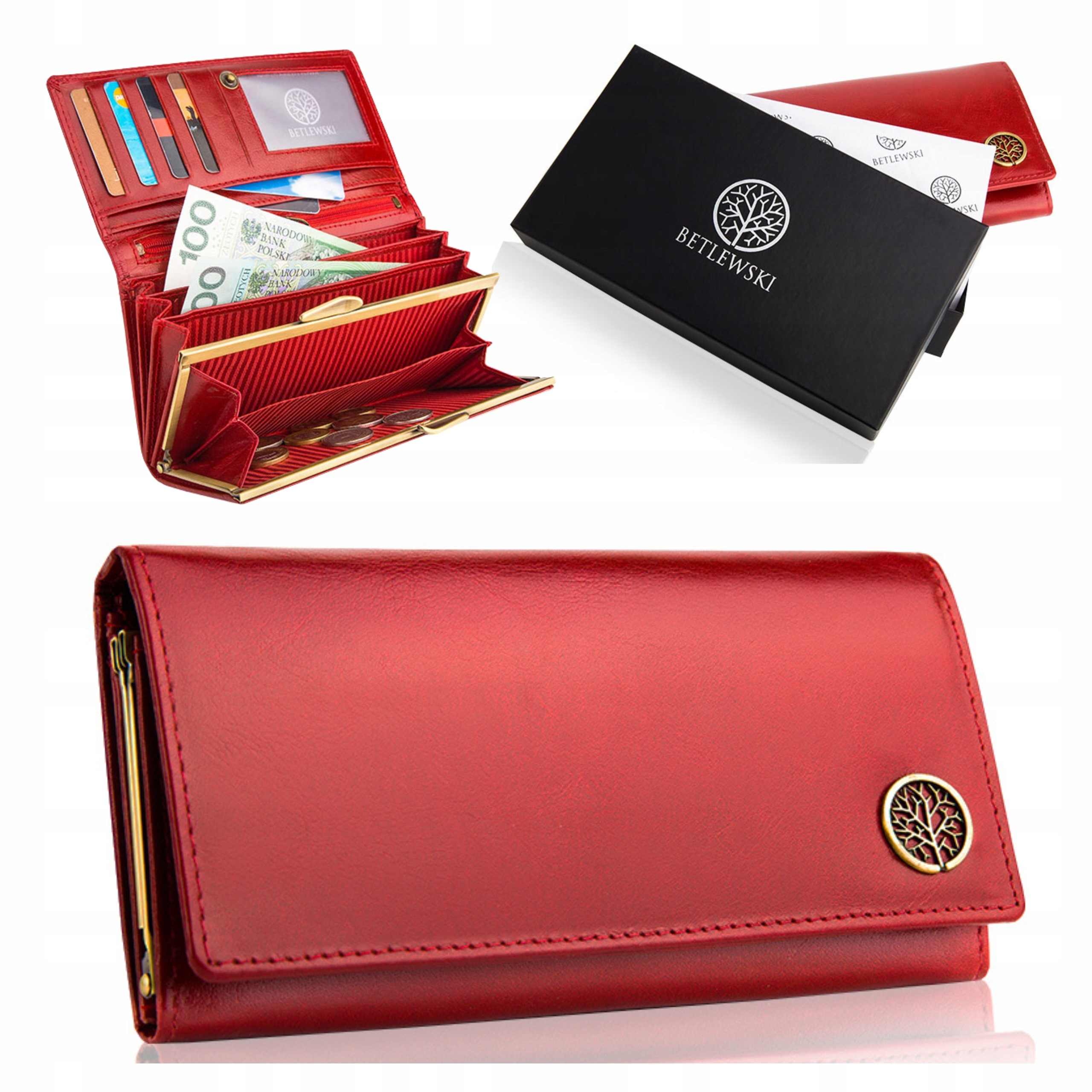 Betlewski Červená kožená dámská peněženka na zip s velkou Rfid taštičkou