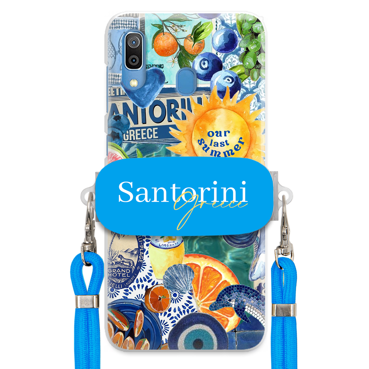 Pouzdro pro Samsung A30 Modré Crossbody vodítko Držák Santorini Sea Vibes