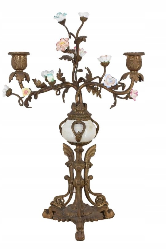 Świecznik z Brązu + Porcelana - Kwiaty - Mocna Rzeźba - 2 Ramienny