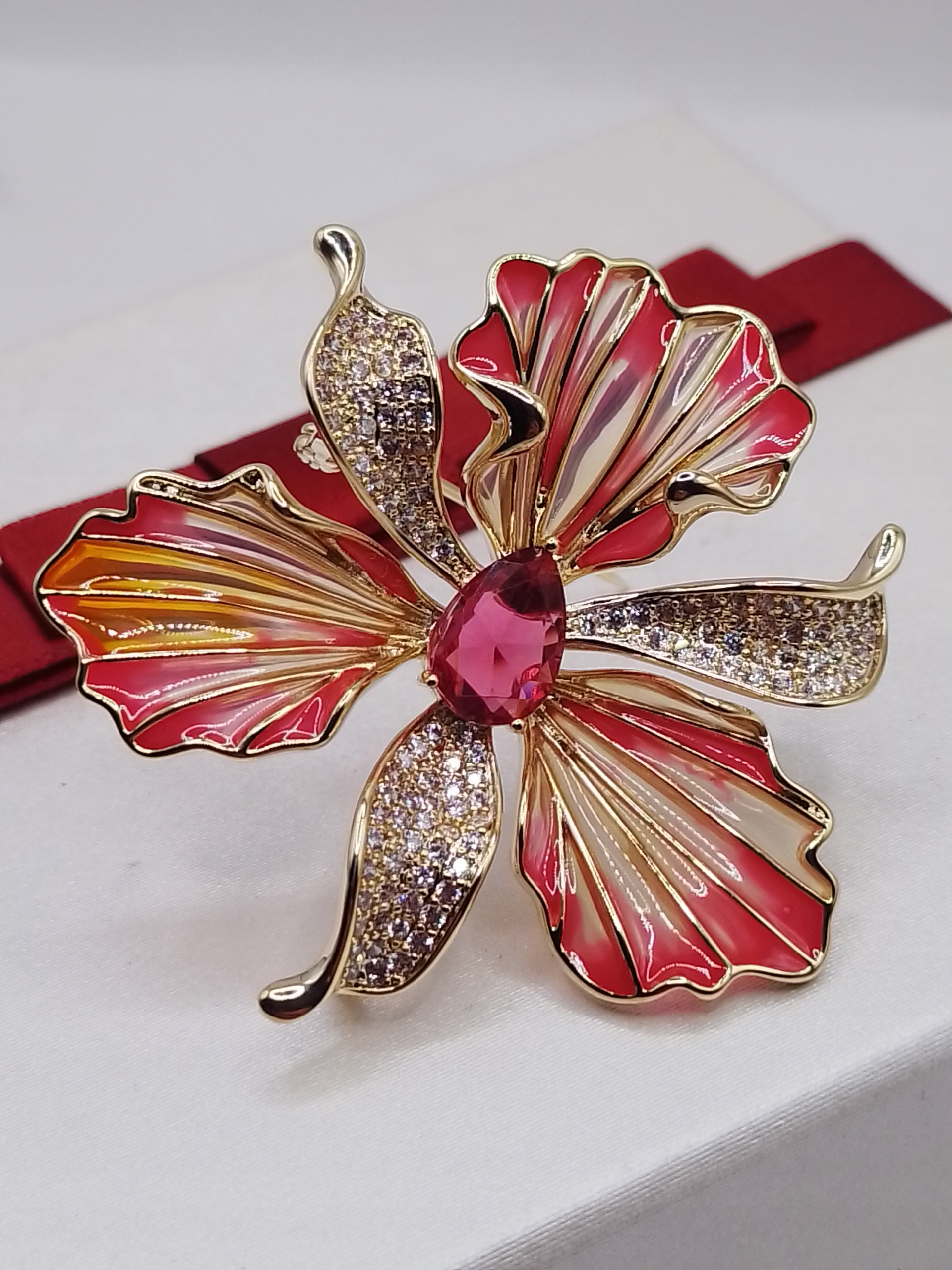 Luxusní Brož Přívěsek Květina Orchidej Vitráž Zlatá 14K Gp Krabička Dárek