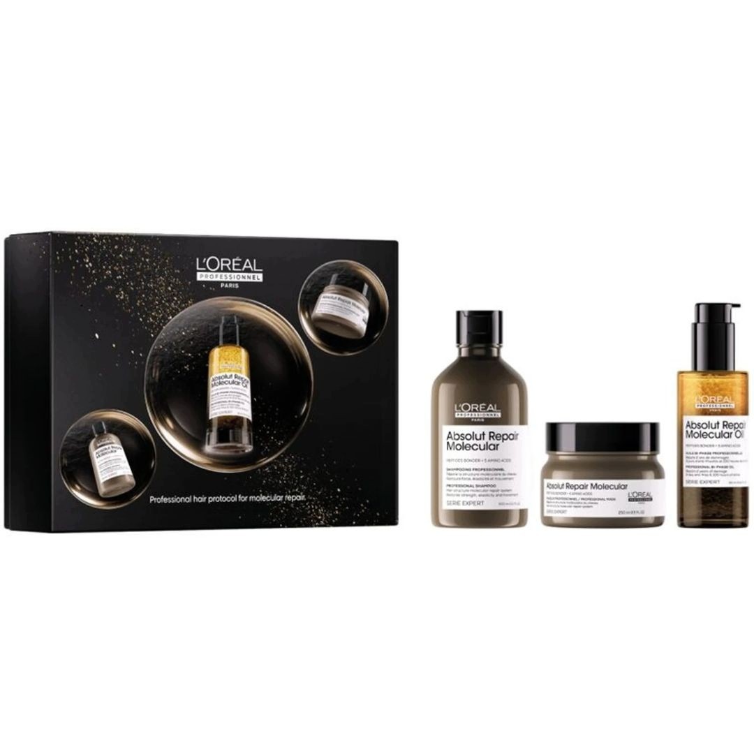 Loreal Absolut Repair Molecular szampon, maska, dwufazowy olejek do włosów