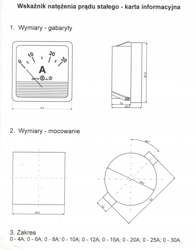 Amperomierz analogowy 5A [47x47mm] Marka Prolech