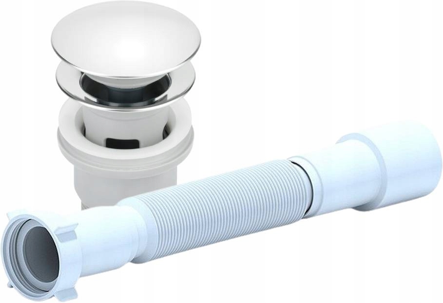 KOREK KLIK-KLAK Z PRZELEWEM CHROM+SYFON ELASTYCZNY GIĘTKI REGULOWANY