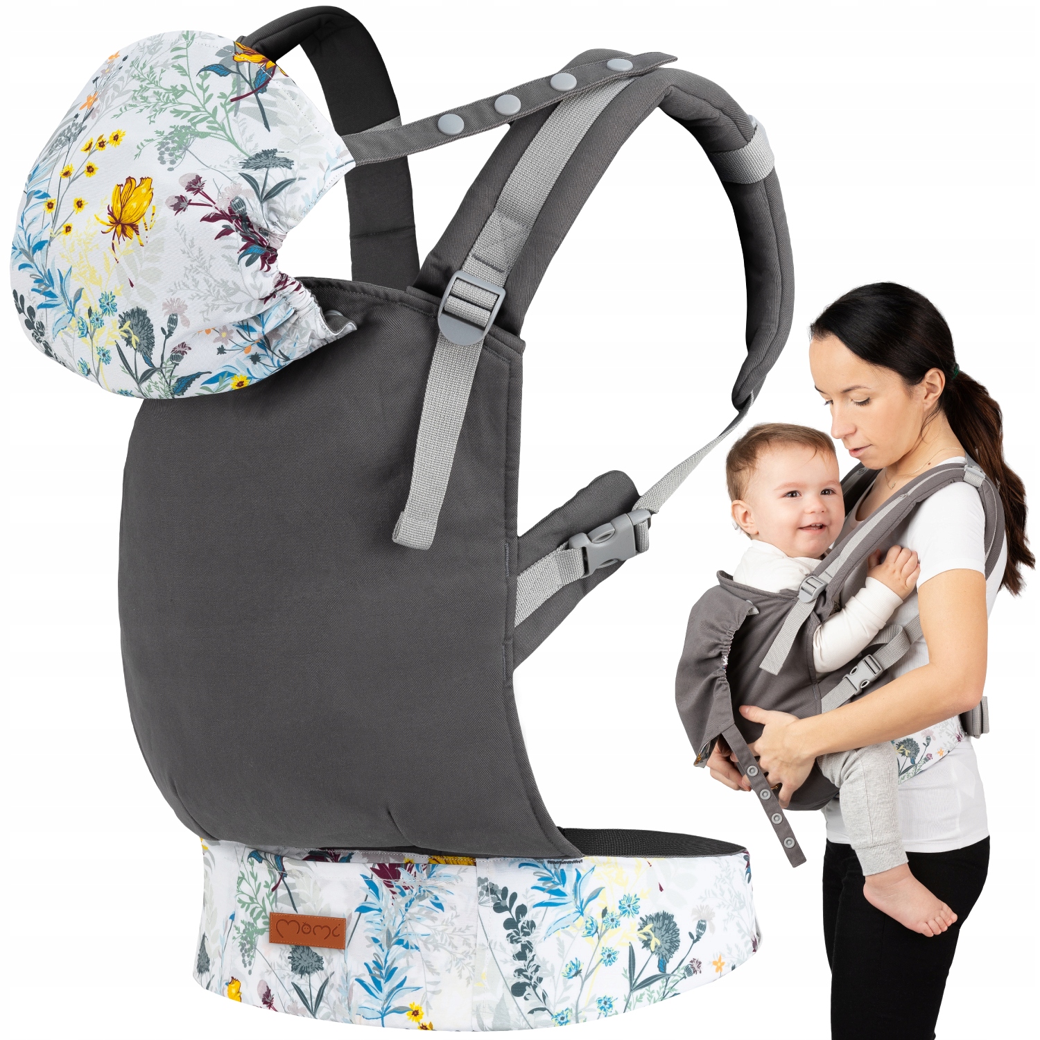 Nosidełko dla dziecka MoMi Collet kwiaty 2w1 kaptur 2 pozycje do 15kg