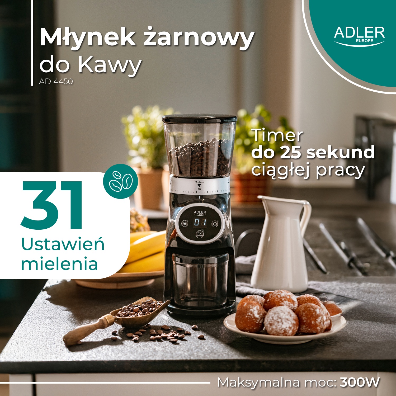 Młynek Żarnowy do Kawy AD 4450 300W 31 Ustawień Czarny/Srebrny