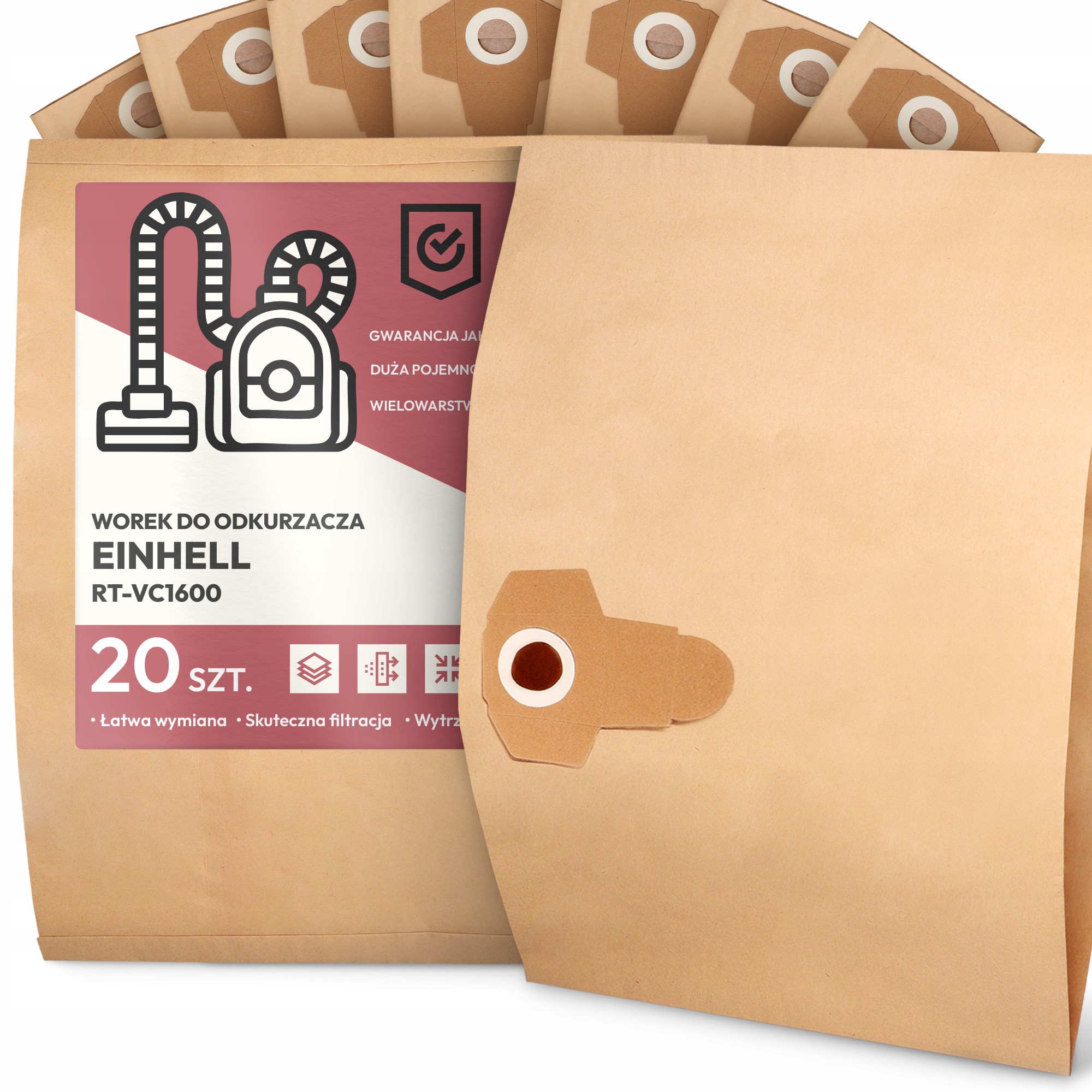 20 x Sáček Do Vysavače Einhell RT-VC1600 Papírový 2-vrstvový Sáček 2A