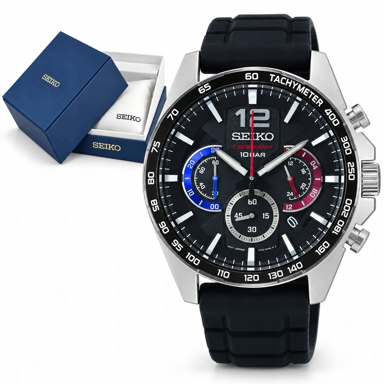 Pánské Hodinky Seiko SSB347P1 Chronograf 100M Sportovní Černý Gumový Pásek
