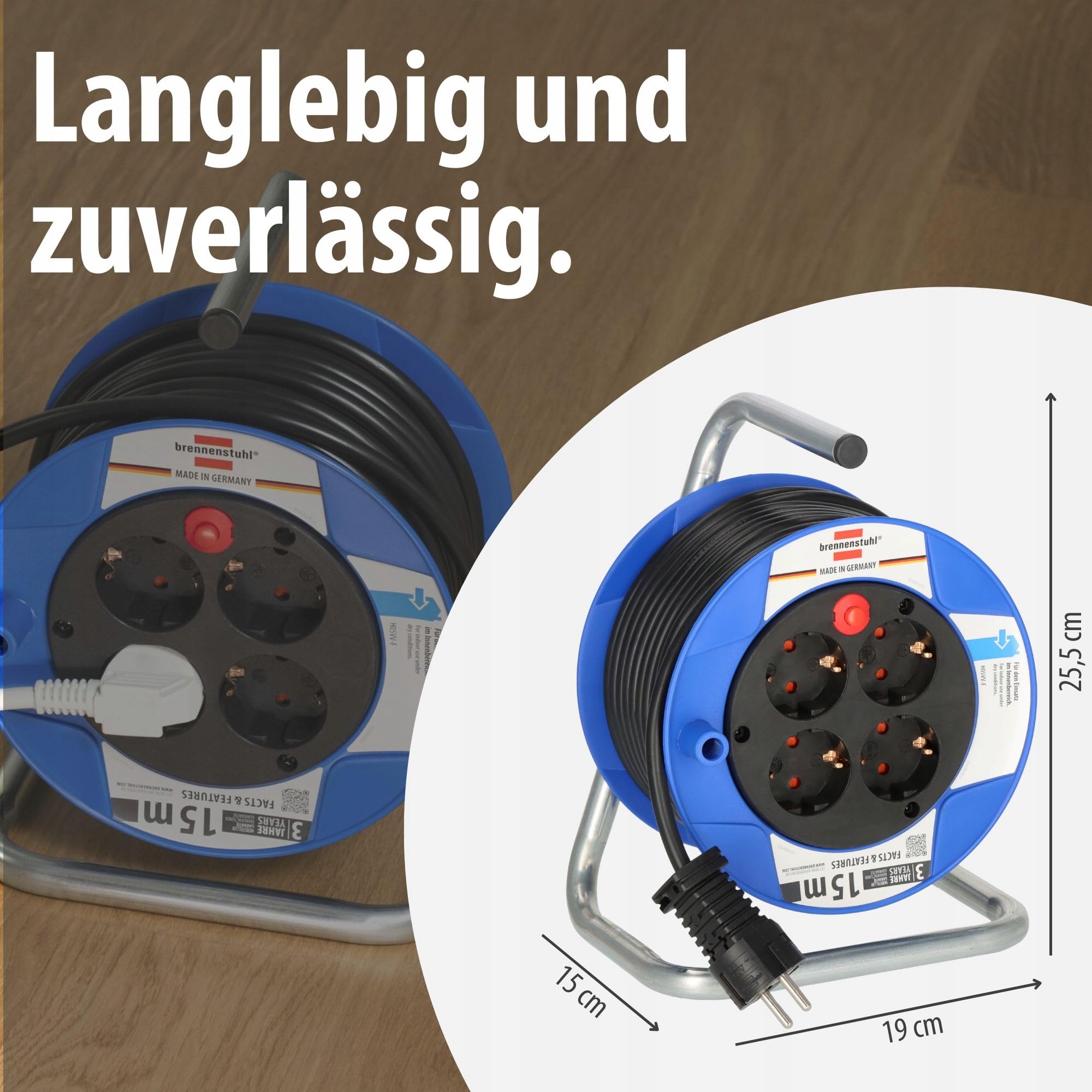 BRENNENSTUHL Kabeltrommel 15m 4 Gniazda Czarna Wytrzymała Niemiecka — miniatura 6