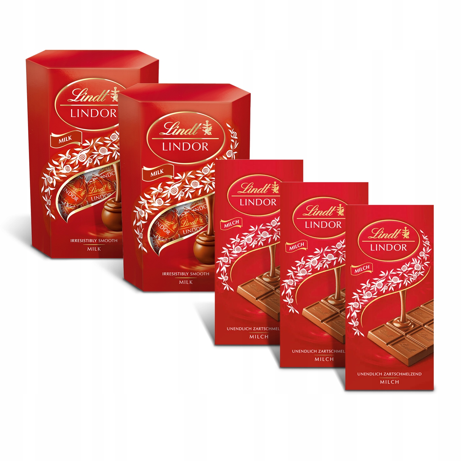 Zestaw Lindt Lindor pralinki mleczne 2x200g i czekolada mleczna 3x100g