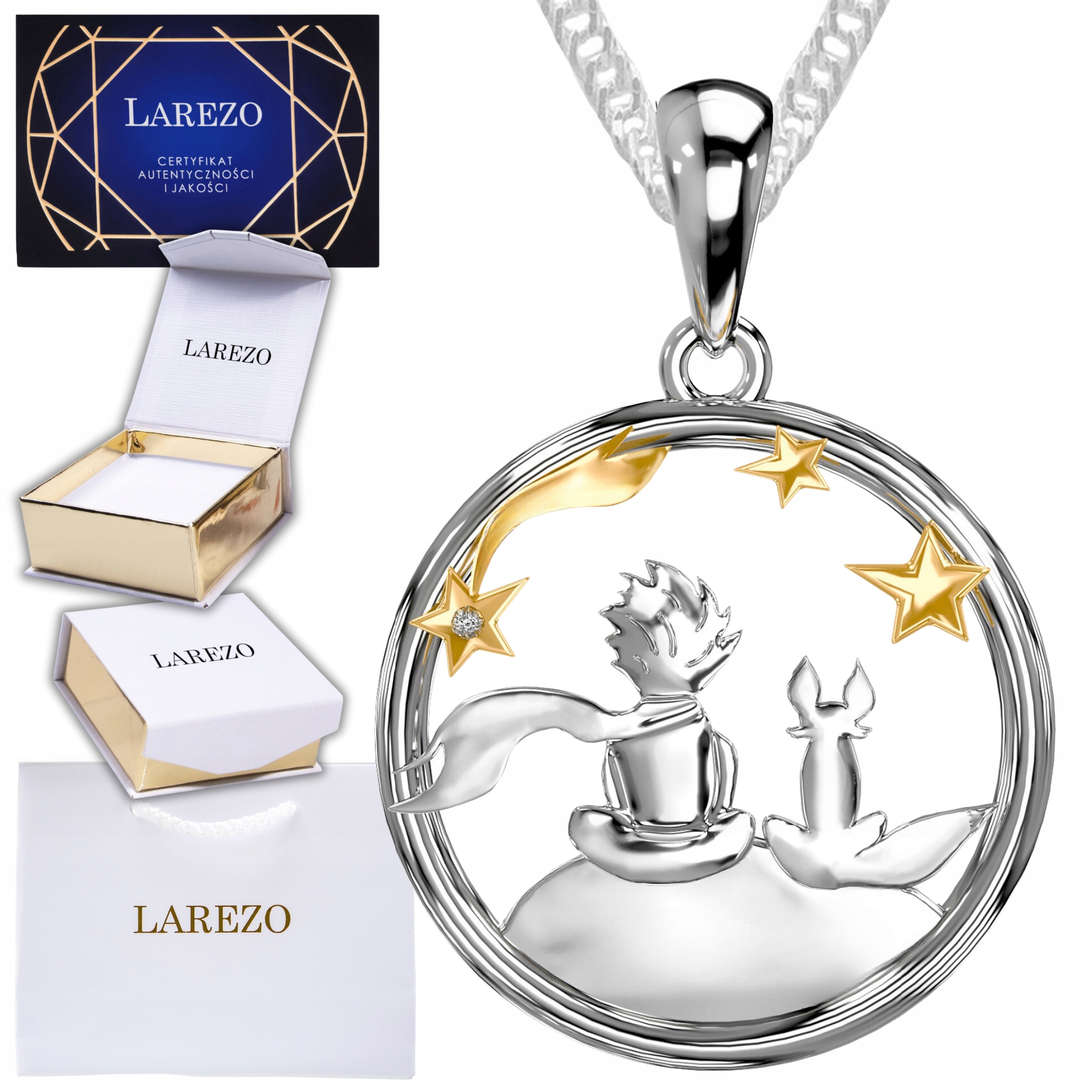 Stříbrný náhrdelník Malý princ s liškou Zlaté hvězdy Liška Nebe Stříbro 925