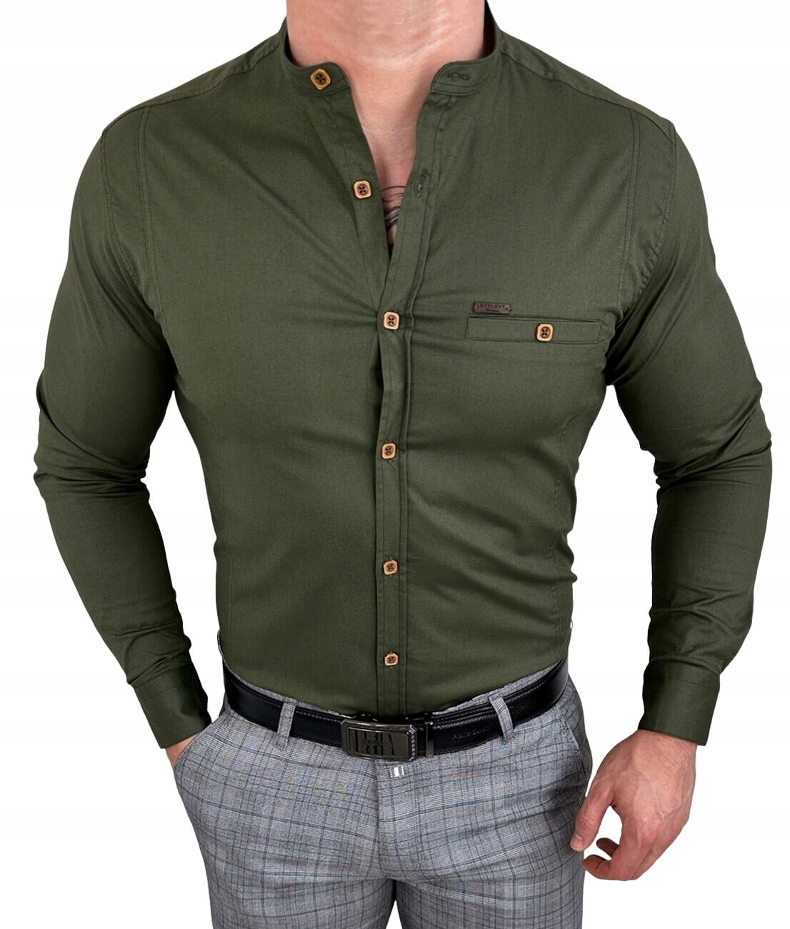 Koszula meska ze stojka khaki slim fit kwadratowe guziki 1964 XXXL