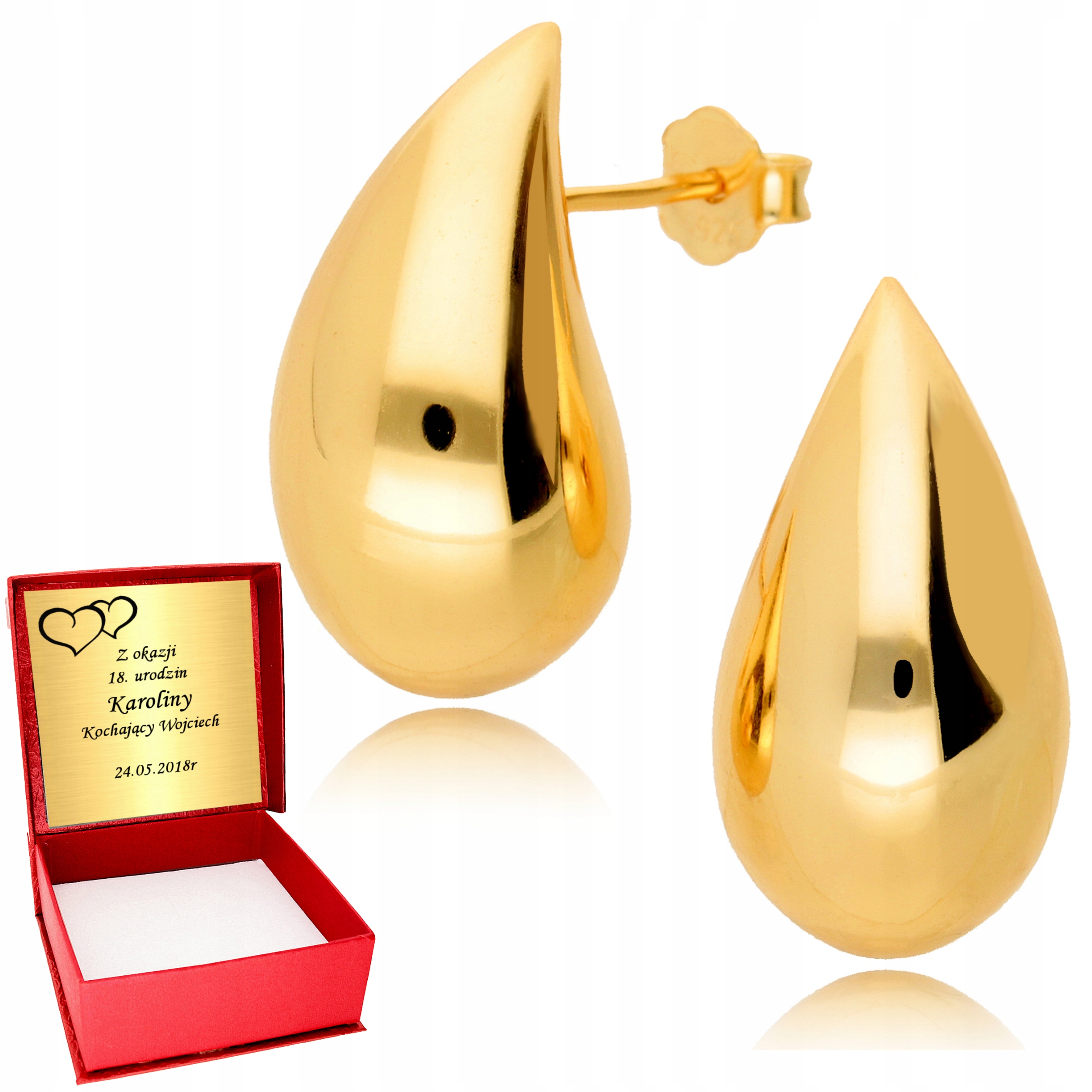 Złote Kolczyki 925 Krople Duże Pełne Łezki Sztyfty