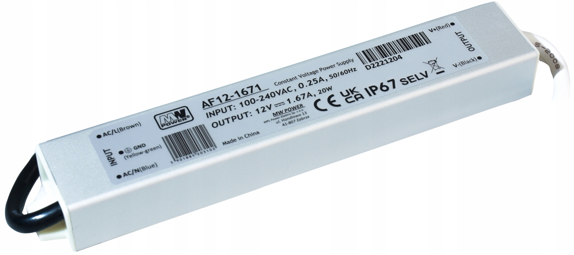 Zasilacz Stałonapięciowy Wodoodporny IP67 12V 20W Metalowa Obudowa Mw Power
