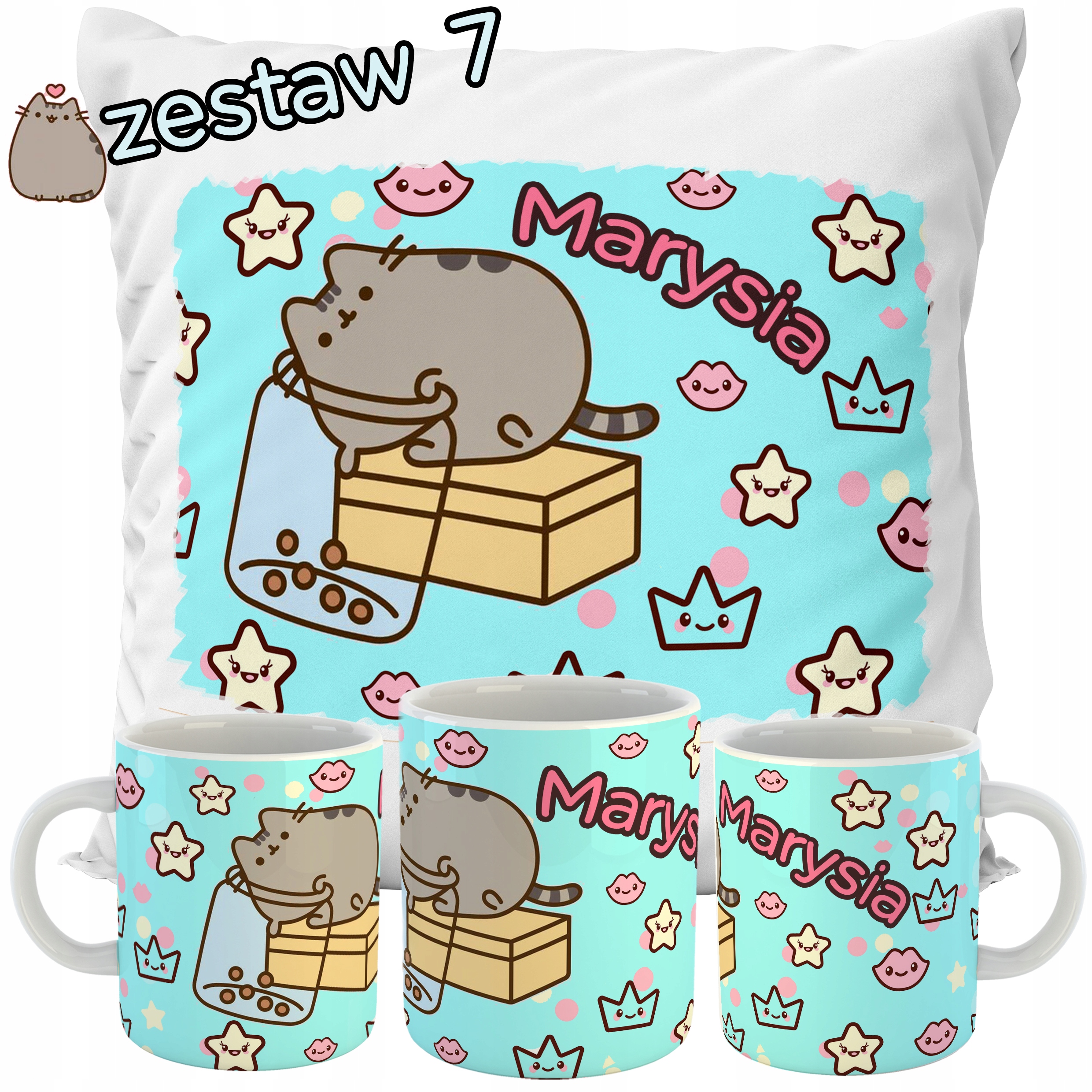 ZESTAW PODUSZKA + KUBEK PUSHEN CAT + IMIĘ PREZENT URODZINY DZIEŃ DZIECKA Płeć chłopcy dziewczynki unisex