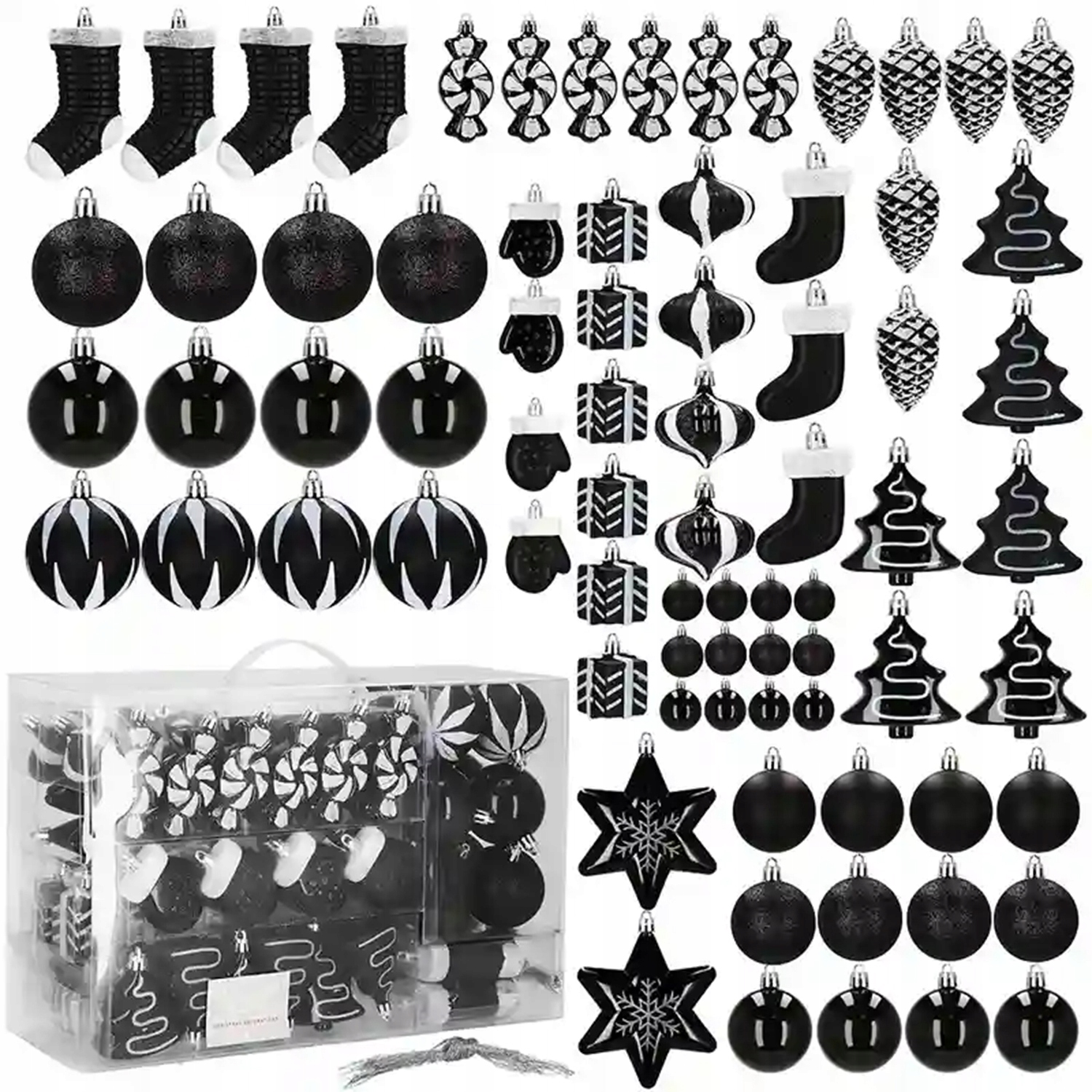 Zestaw czarnych bombek na choinkę - Zawieszki choinkowe 10,5 cm - 77 szt. Kod producenta 0850