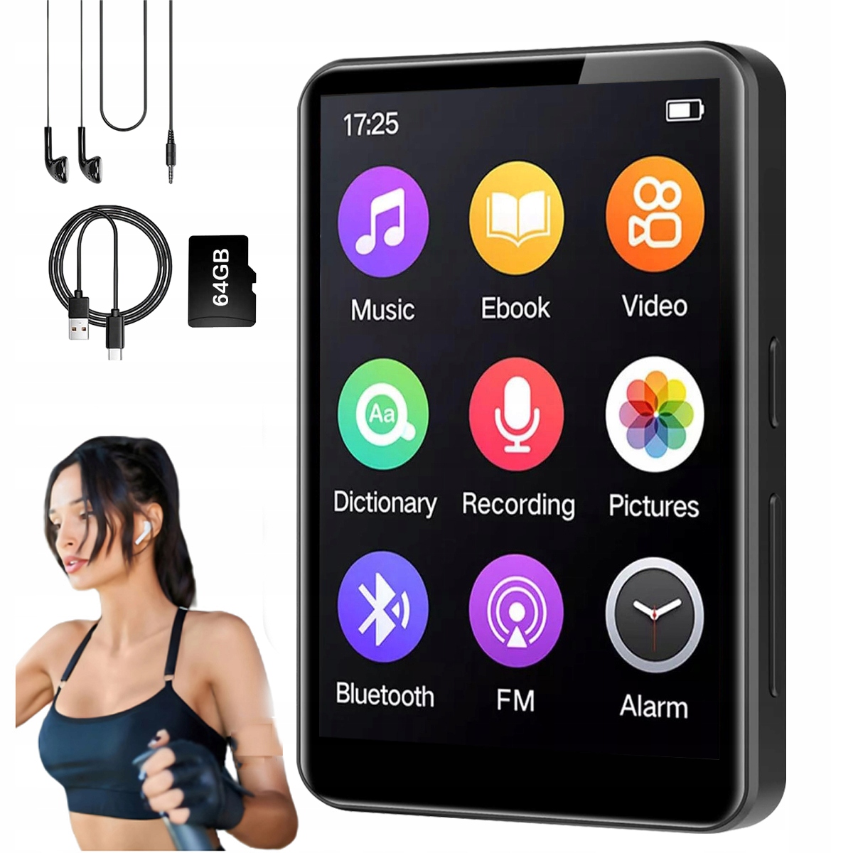 Odtwarzacz MP3 64GB Bluetooth Głośnik Pl Menu Radio Dyktafon Słuchawki