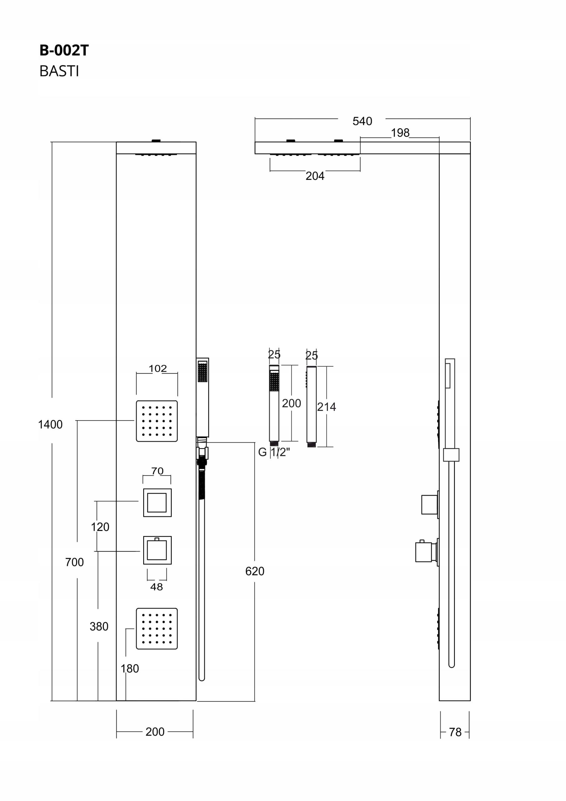PANEL PRYSZNICOWY BAMBUSOWY CHROM Z TERMOSTATEM Szerokość produktu 20 cm
