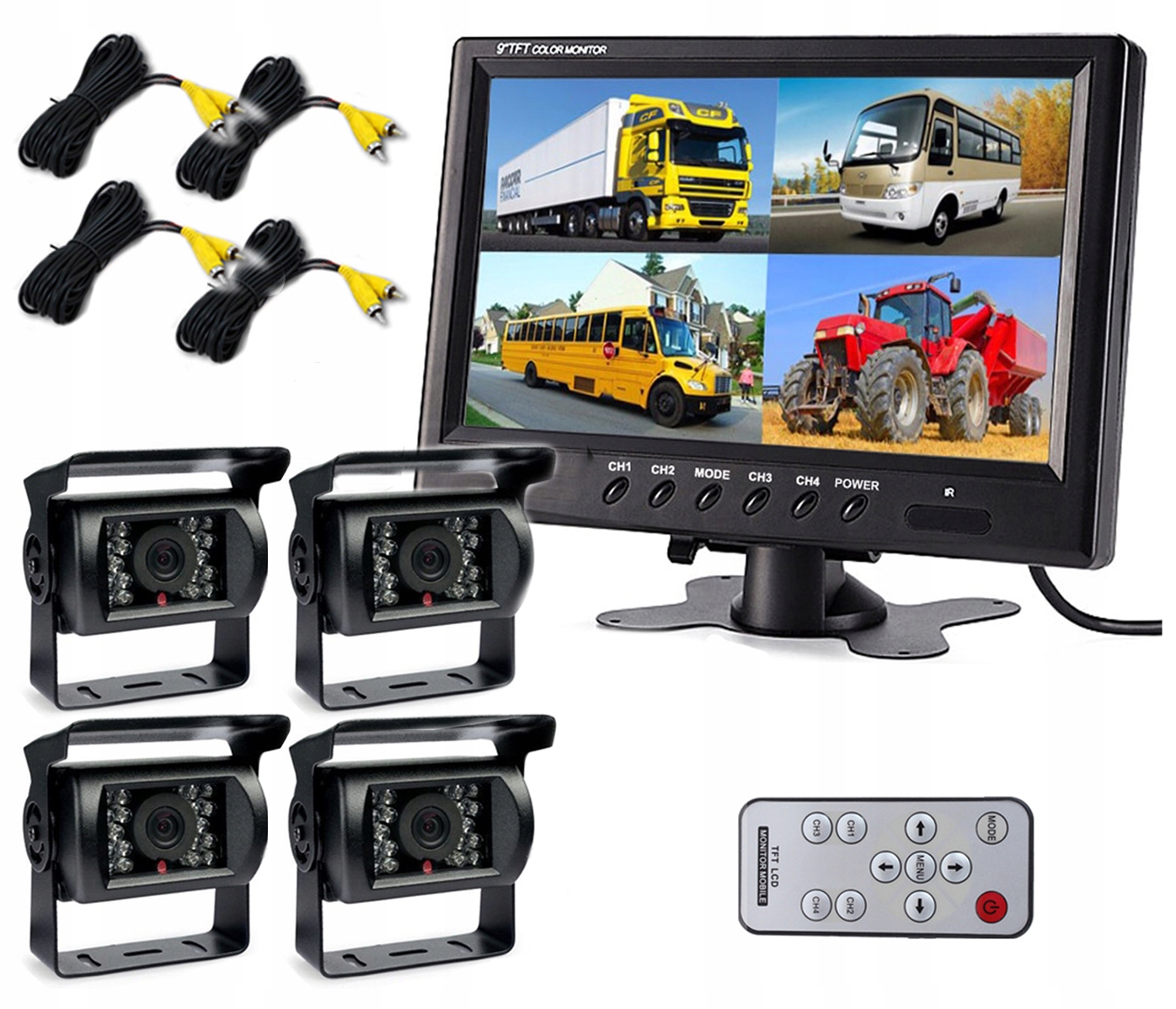 

4x Kamera Cofania Zestaw Monitor 9' Podziałka Quad
