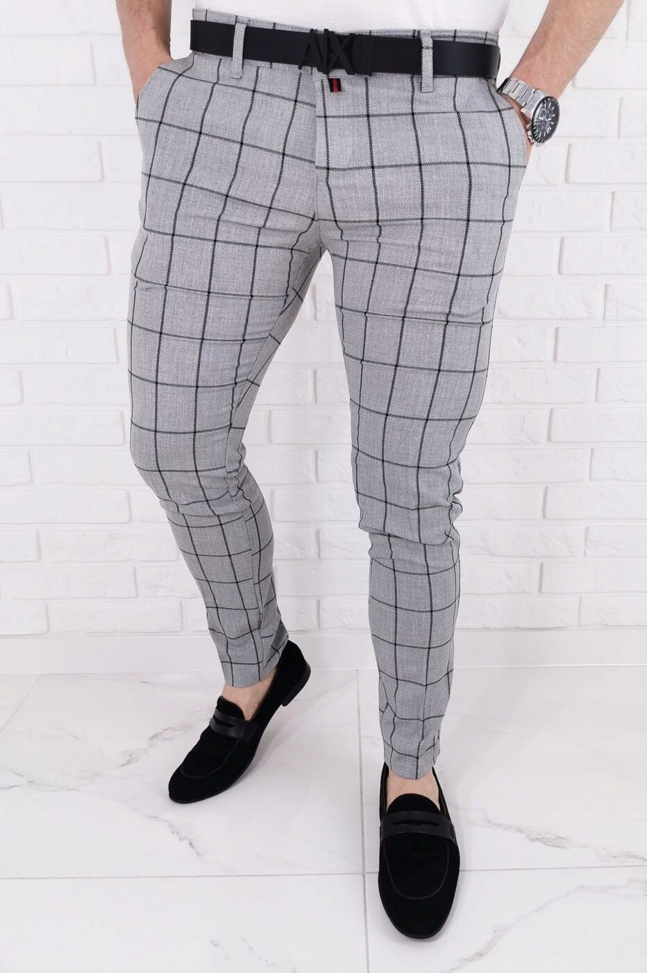 Szare spodnie meskie slim fit w krate 64J 33