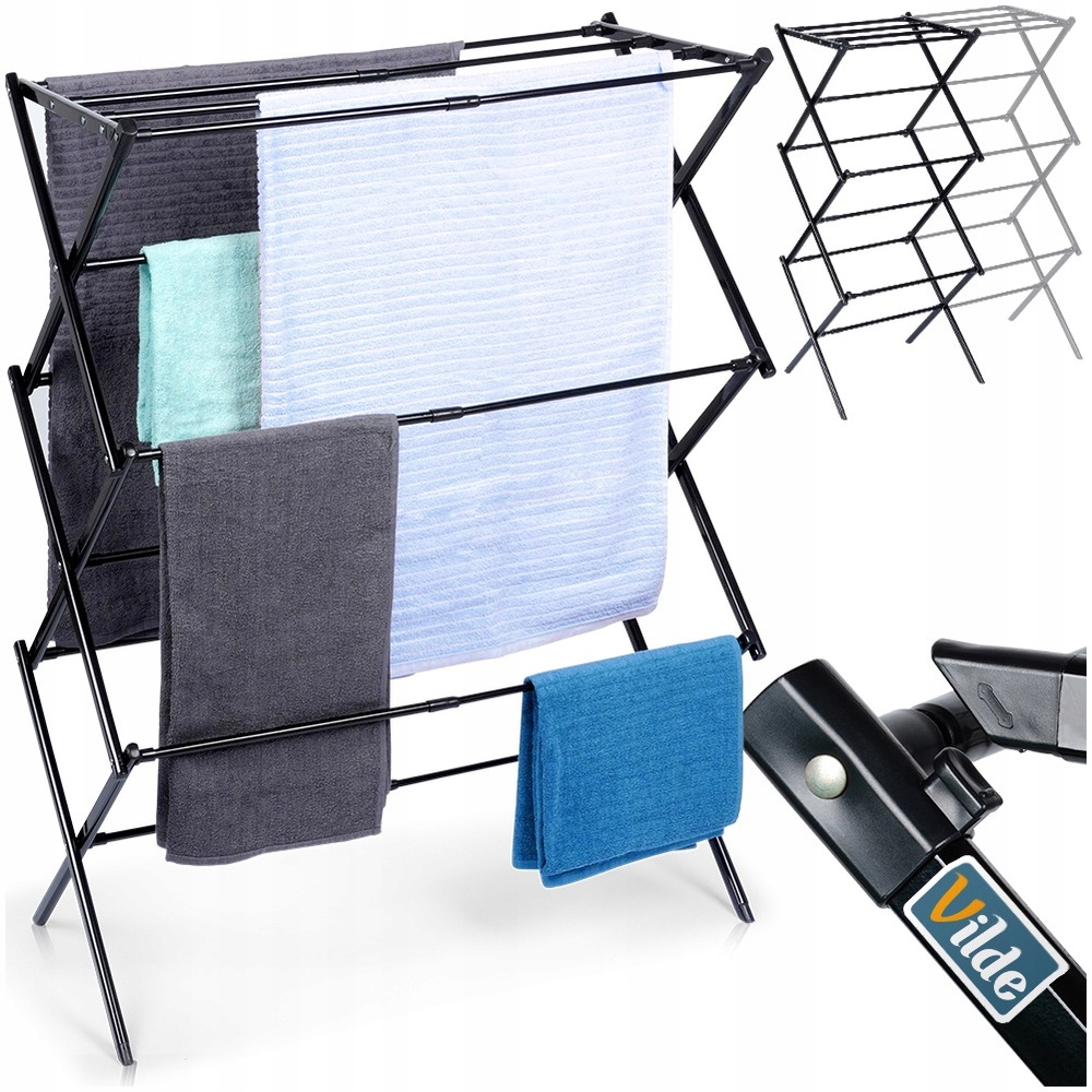 Levně Černý vertikální kovový sušák na prádlo, výsuvný, 44,5-75x37,5x105 cm
